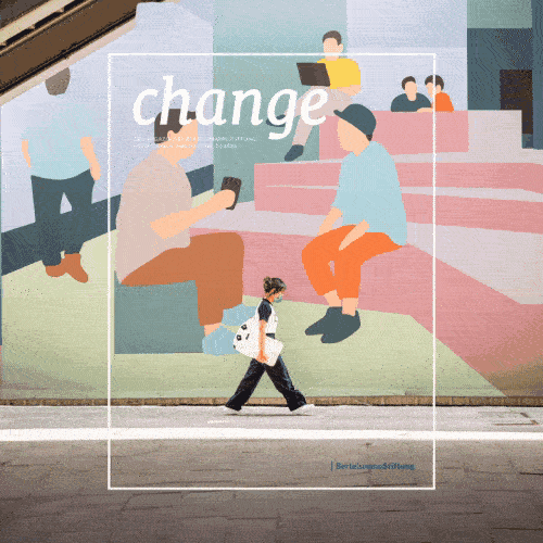 Das animierte Cover des change Magazins 2/2023: Eine junge Frau geht in Bangkok an einem Wandgemälde vorbei, das stilisierte Menschen zeigt, die sich unterhalten, auf dem Handy sind oder auf den Laptop schauen. Die Frau blickt beim Gehen auf den Boden und schreitet voran.