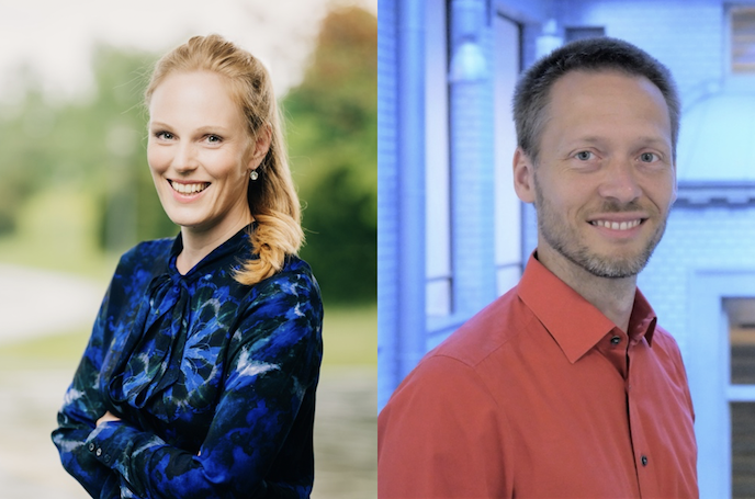 Portrait von Dr. Malva Sucker vor weißer Wand. Rechts: Portrait von Dr. Uwe Krüger