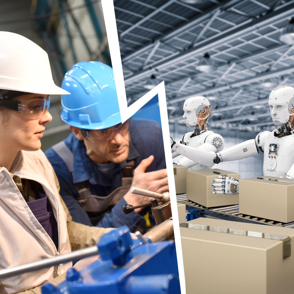 Automatisierung am Arbeitsplatz, menschliche Arbeiter und Roboter.