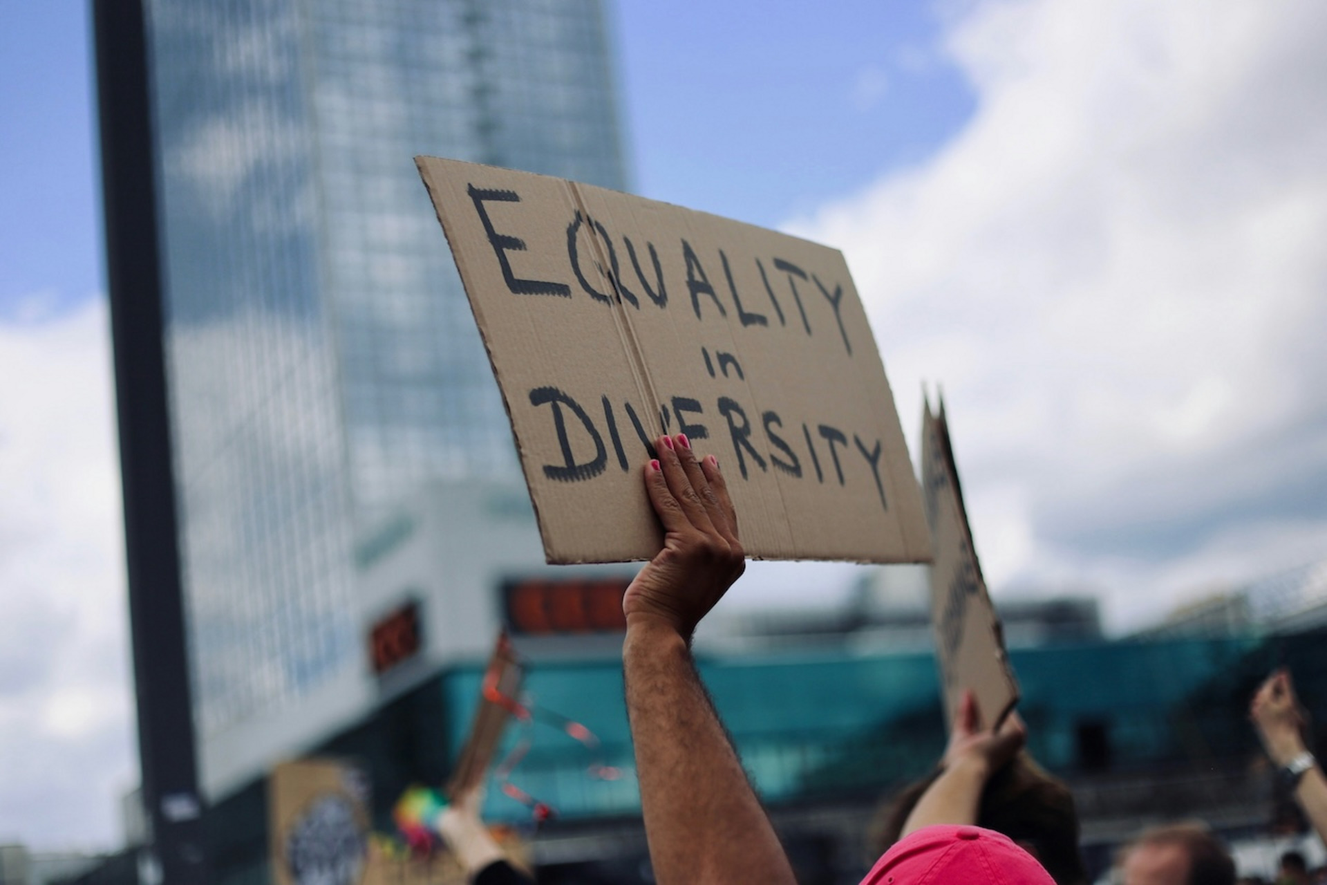 Auf einer Demonstration hält eine Hand ein Pappschild mit der Aufschrift „Equality in Diversity“ hoch