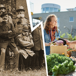 Ein Zusammenschnitt aus einer Sepiafotografie des Vereins deutscher forstlicher Versuchsanstalten und einem Foto eines Urban-Gardening-Projekts.