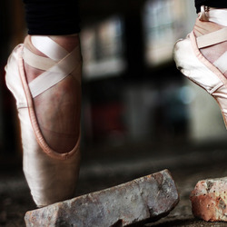 Person mit Ballettschuhen balanciert auf Ziegelsteinen