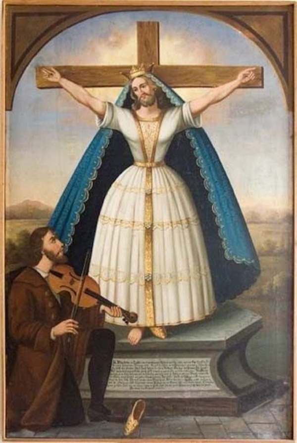Eine Frau mit Bart hängt am Kreuz