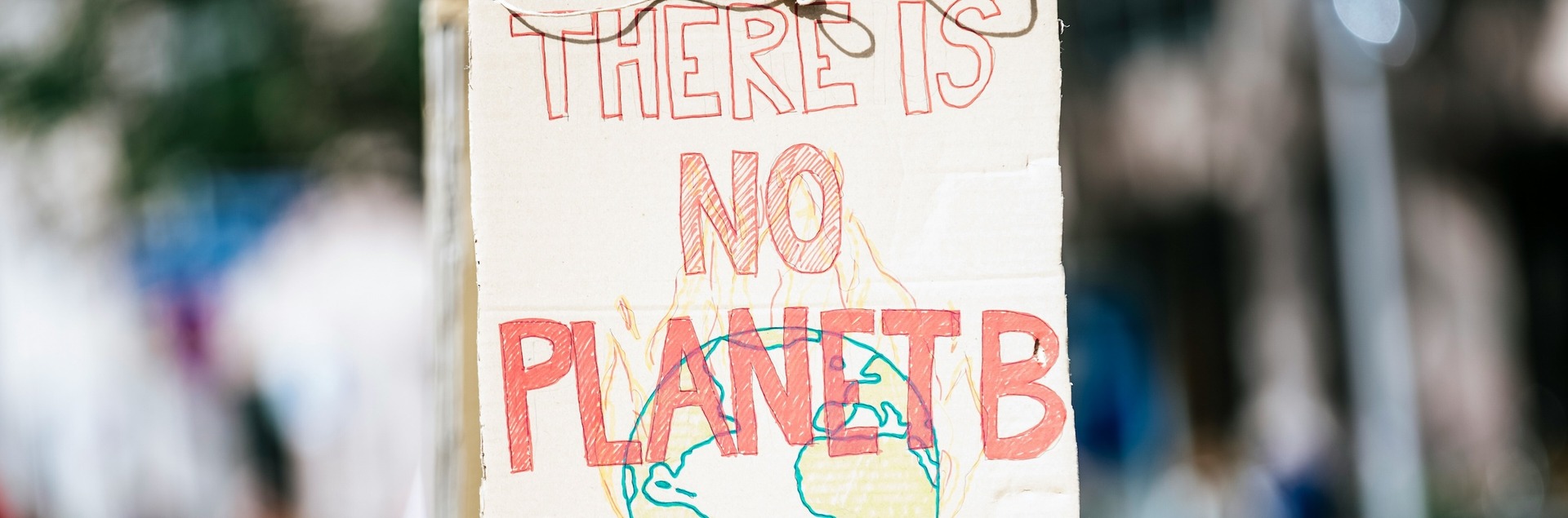 Ein handgemaltes Protestschild mit der Aufschrift "THERE IS NO PLANET B" und einer gezeichneten Weltkugel wird bei einer Demonstration hochgehalten. Im unscharfen Hintergrund sind weitere Menschen und Gebäude zu sehen.