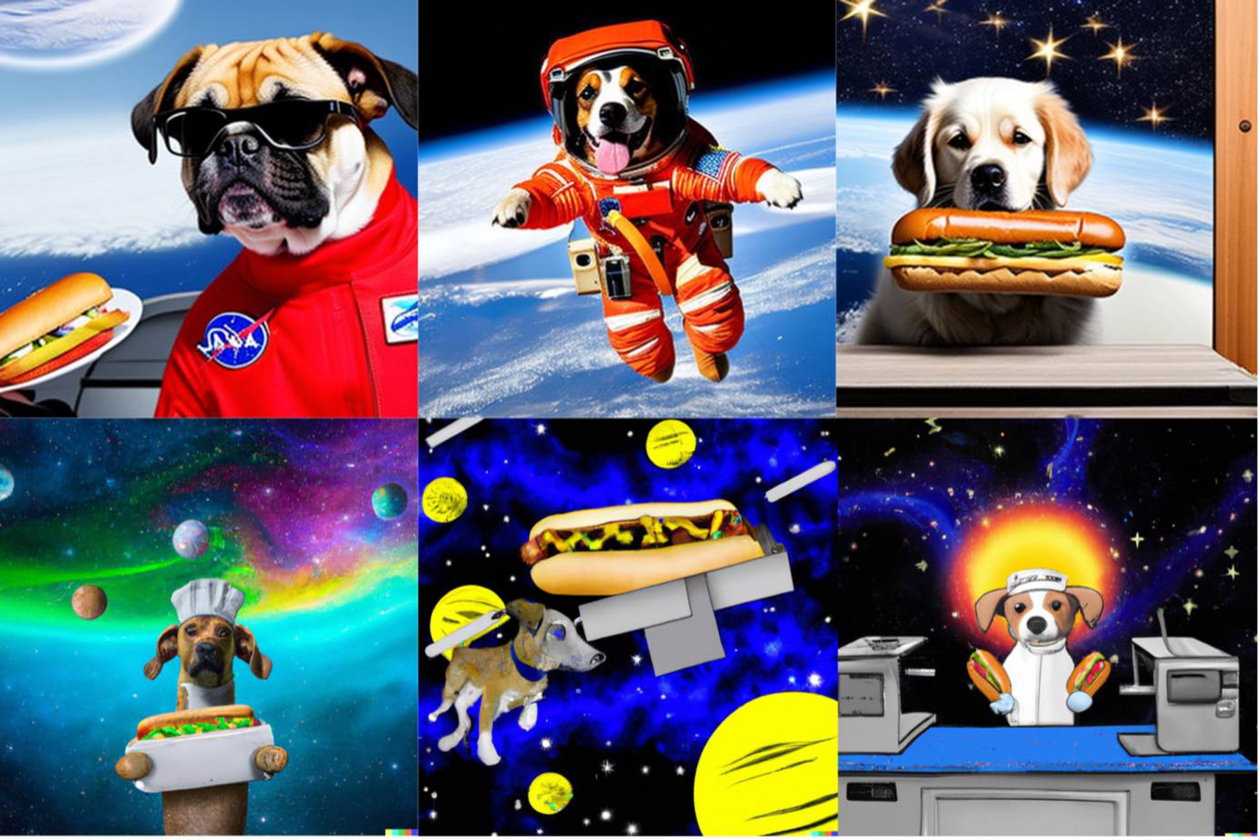 Sechs verschiedene, bunte Bilder, die von einer KI generiert worden. Die Aufgabe war ein Bild zu generieren, auf dem ein Hund Hotdogs im All verkauft.