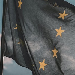 Die Flagge der Europäischen Union weht im Wind vor blauem Himmel. Der dunkelblaue Stoff mit den charakteristischen goldenen Sternen im Kreis ist in Bewegung und zeigt leichte Falten.