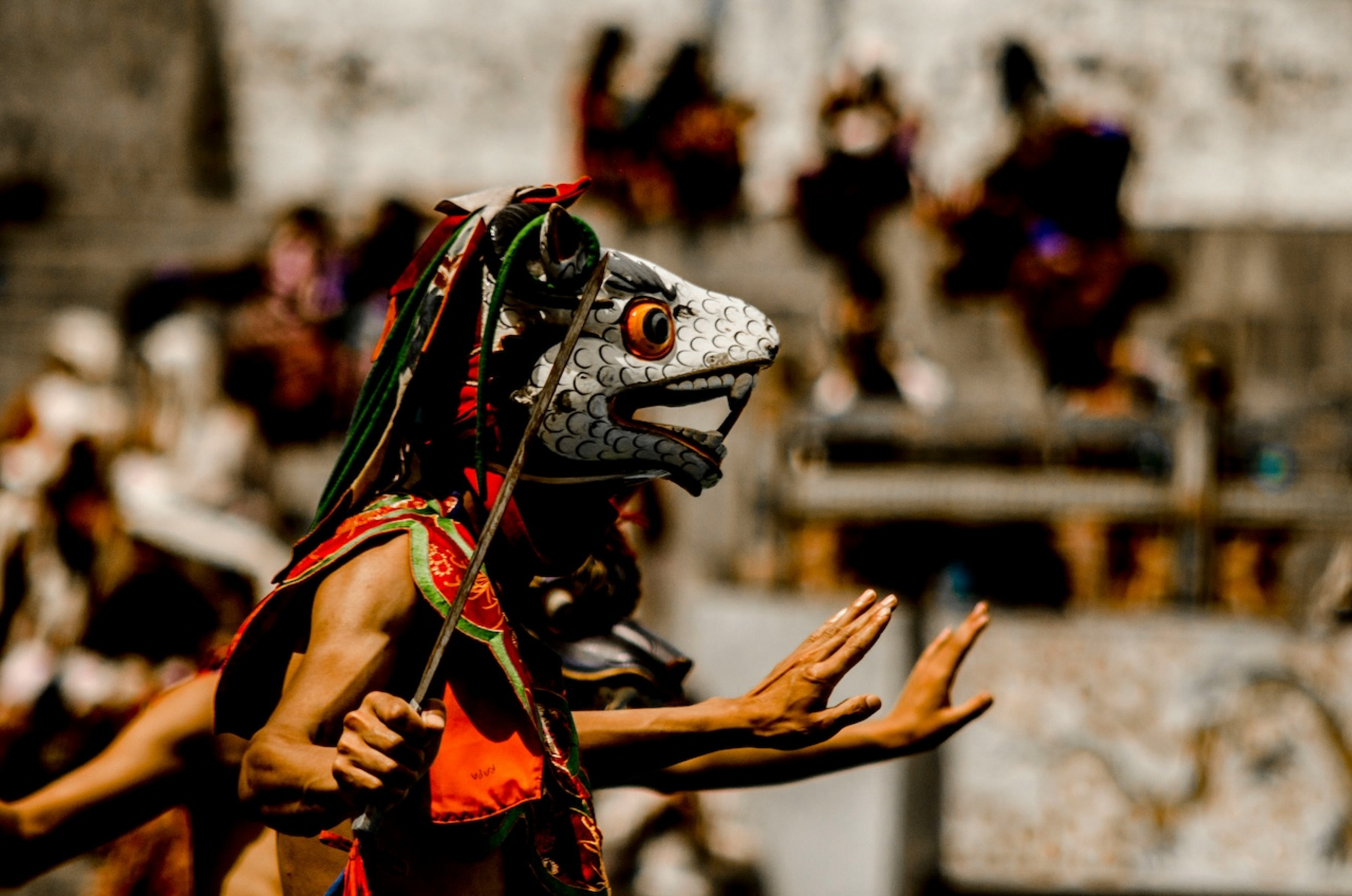 Ein maskierter Tänzer auf einem Tshechu Festivals ist im Profil zu sehen