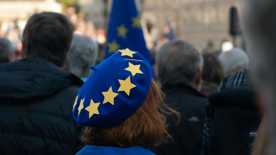 Eine Person auf einer Demo für Europa trägt eine blaue Mütze mit gelben Sternen