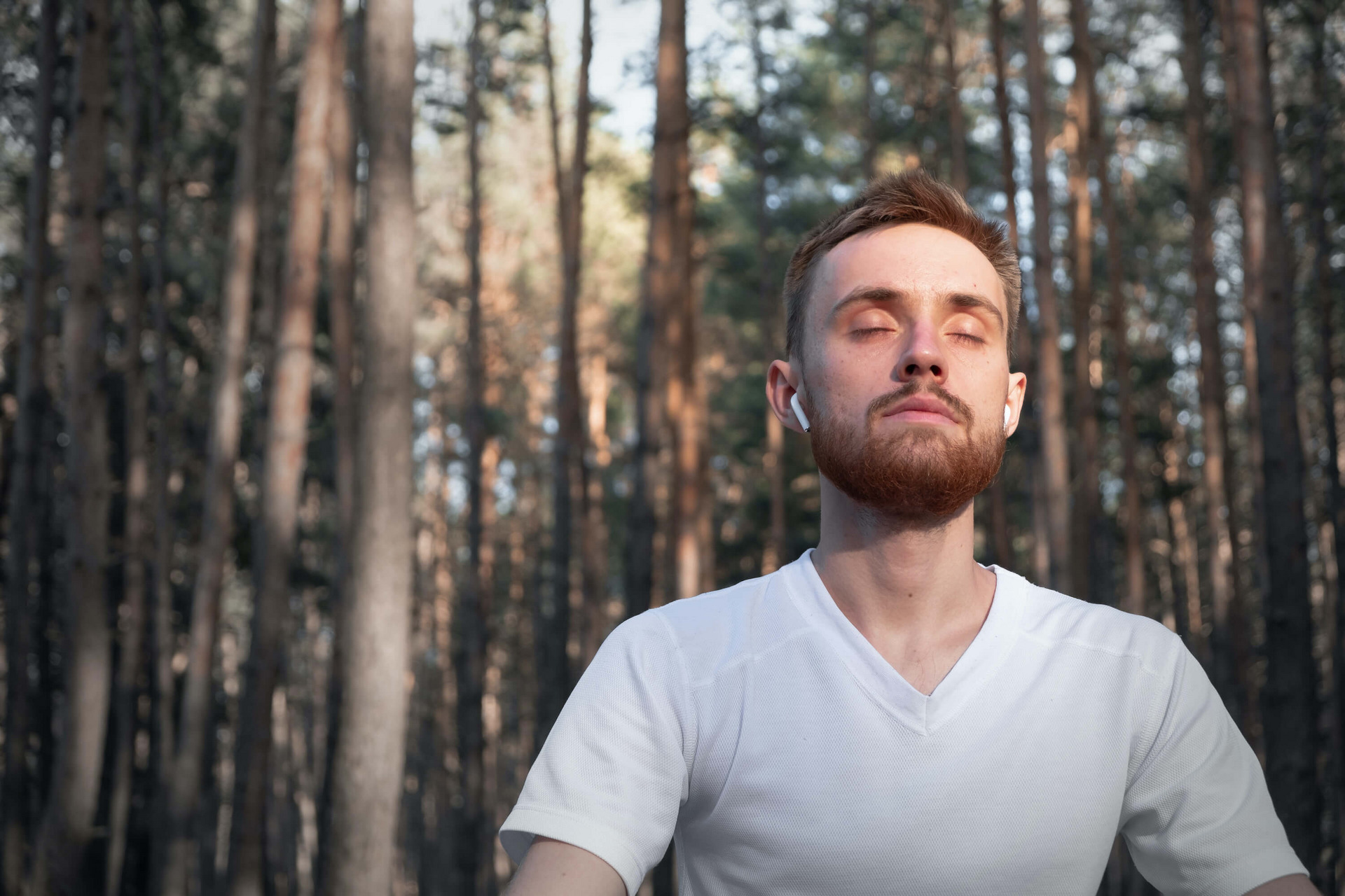 Eine Person sitzt im Wald und meditiert