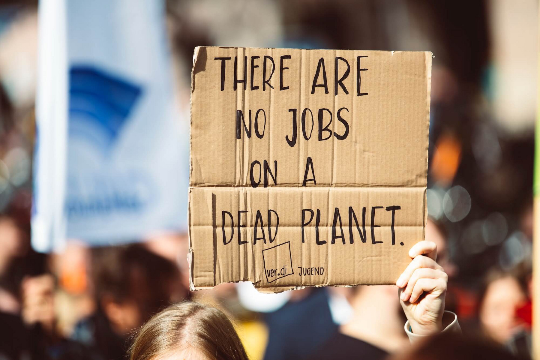 Klimaprotest: Ein:e Demonstrant:in hält ein Schild hoch, auf dem steht "There are no jobs on a dead planet"