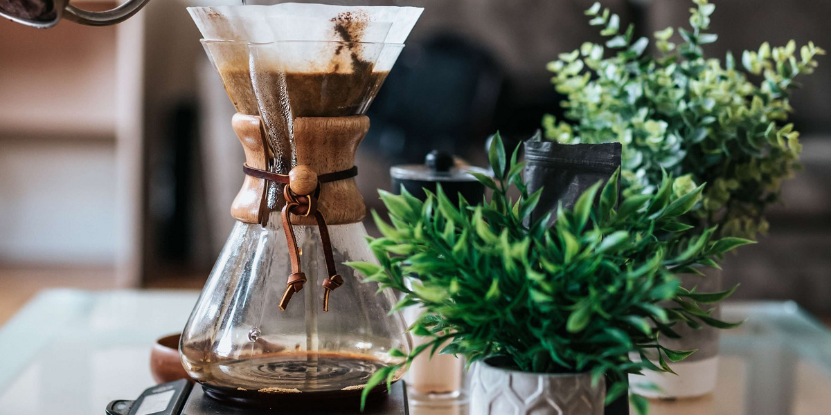 Eine Kanne Kaffee und Pflanzen