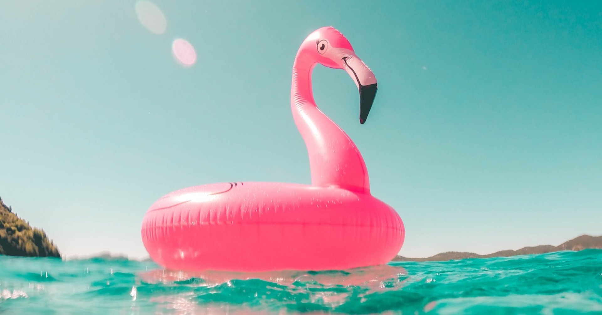 Ein Schwimmring in Form eines Flamingos fließt im Wasser