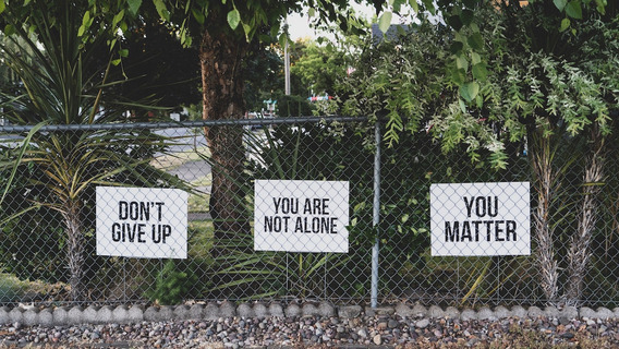 Drei Schilder mit den Sprüchen "Don't give up","You are not alone" und "You matter" vor ein paar Büschen.