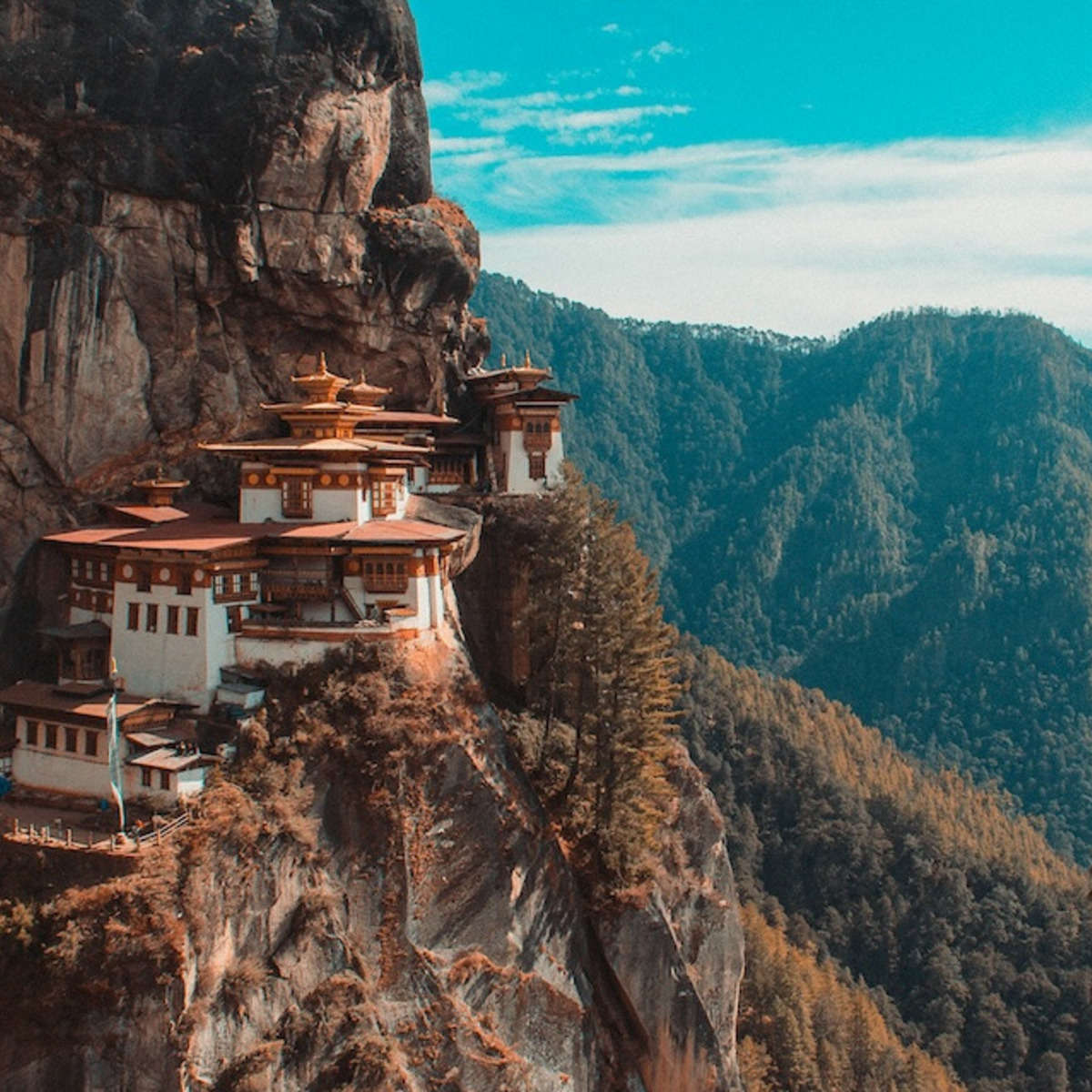 Das Taktshang-Kloster in Bhutan: Zu sehen sind eine Reihe von Tempeln, die sich an einen steilen Berghang schmiegen. Im Hintergrund sind weitere bewaldete Berghänge sichtbar.