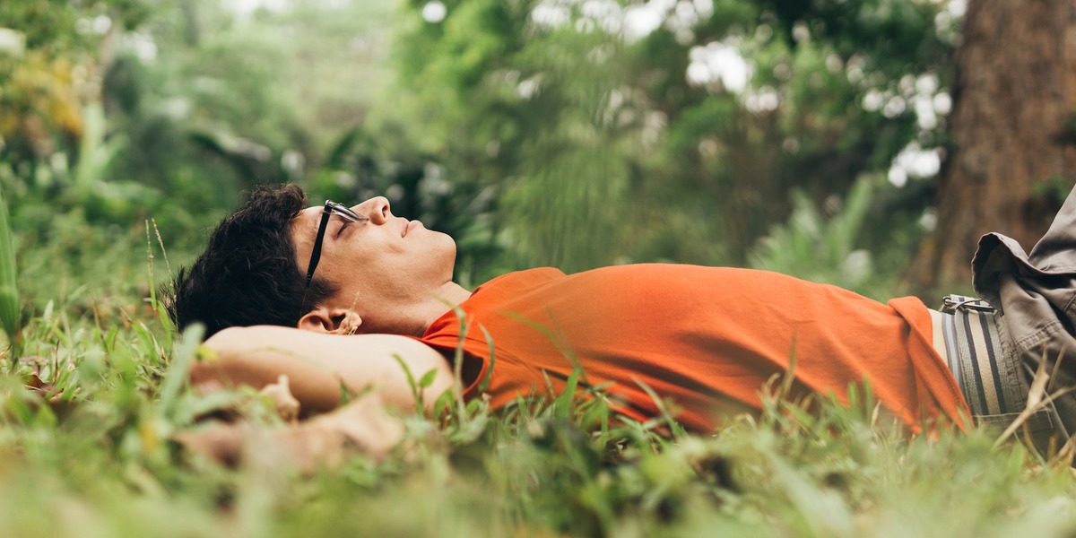 Eine Person mit Brille liegt entspannt auf einer Wiese in einem Park. Sie trägt ein orangefarbenes T-Shirt und hat die Arme hinter dem Kopf verschränkt. Im Hintergrund sind Bäume und grüne Pflanzen. 