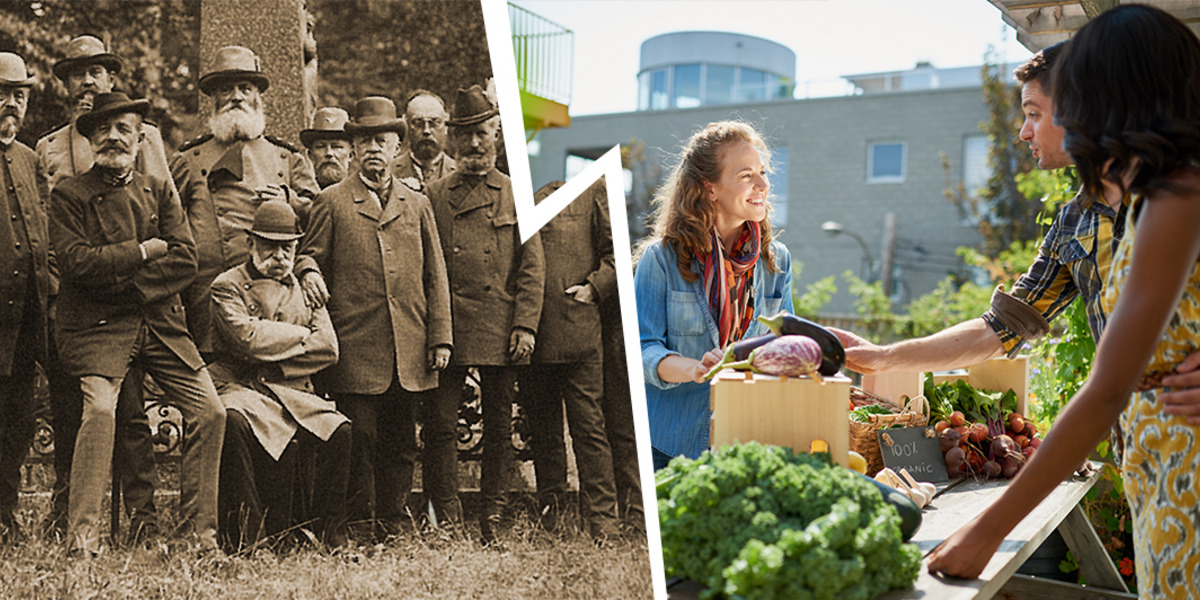 Ein Zusammenschnitt aus einer Sepiafotografie des Vereins deutscher forstlicher Versuchsanstalten und einem Foto eines Urban-Gardening-Projekts.