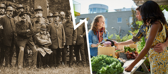 Ein Zusammenschnitt aus einer Sepiafotografie des Vereins deutscher forstlicher Versuchsanstalten und einem Foto eines Urban-Gardening-Projekts.