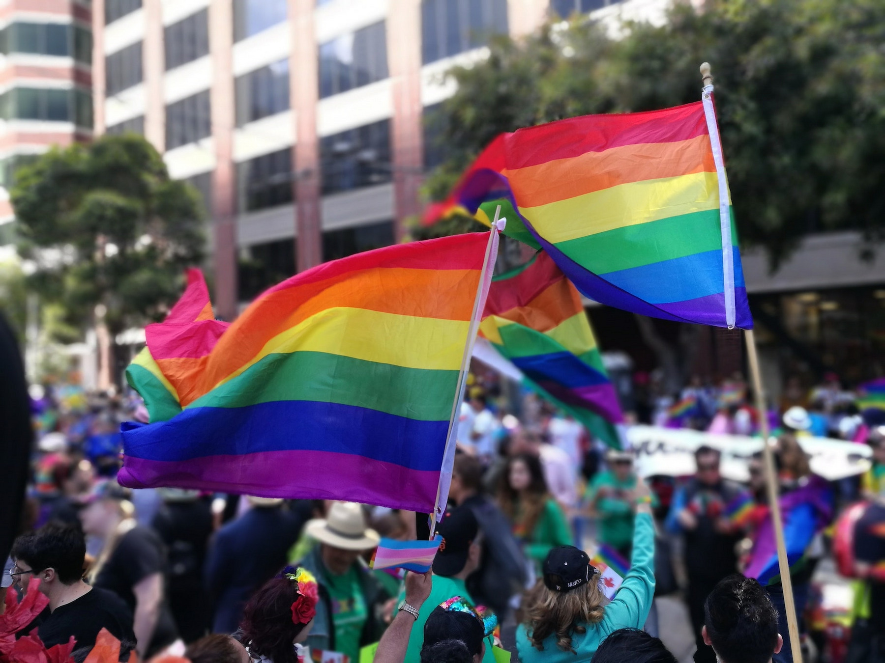 Menschen auf einer Demonstration mit Regenbogenflaggen