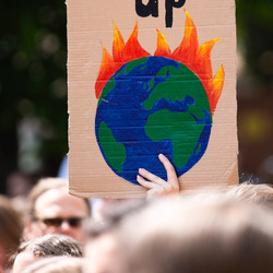 Eine Person auf einer Demo hält einen Schild mit einem brennenden Globus hoch.