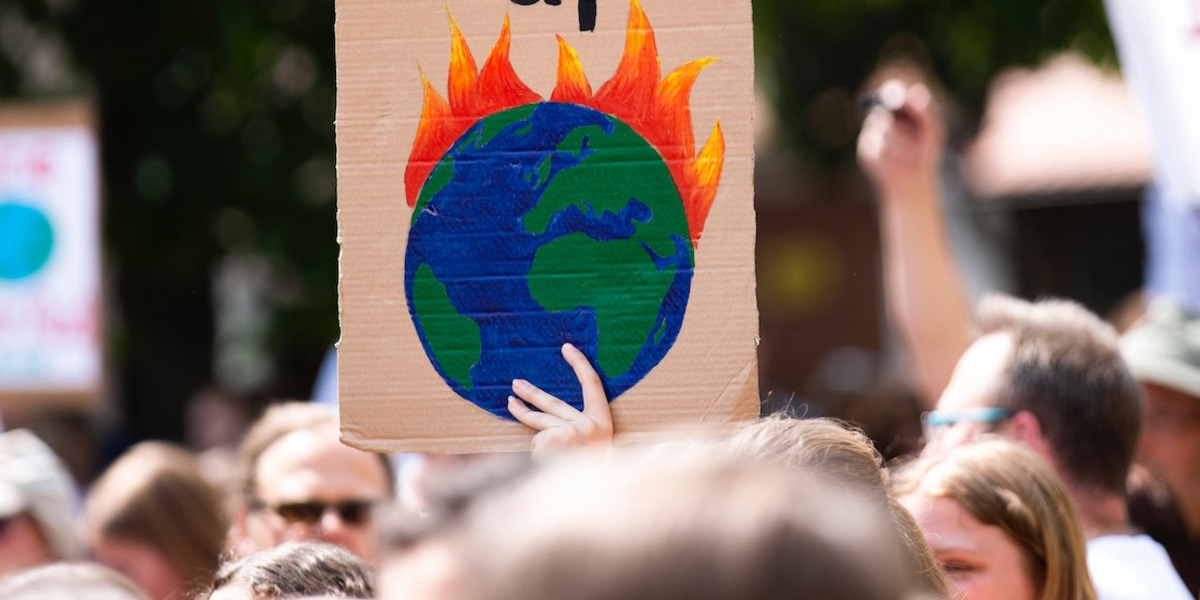 Eine Person auf einer Demo hält einen Schild mit einem brennenden Globus hoch.